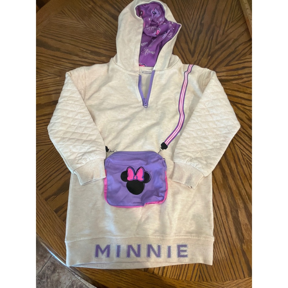 Disney Minnie Mouse Girls Cream Quilted Sleeve Hooded Sweatshirt Dress Size M 8